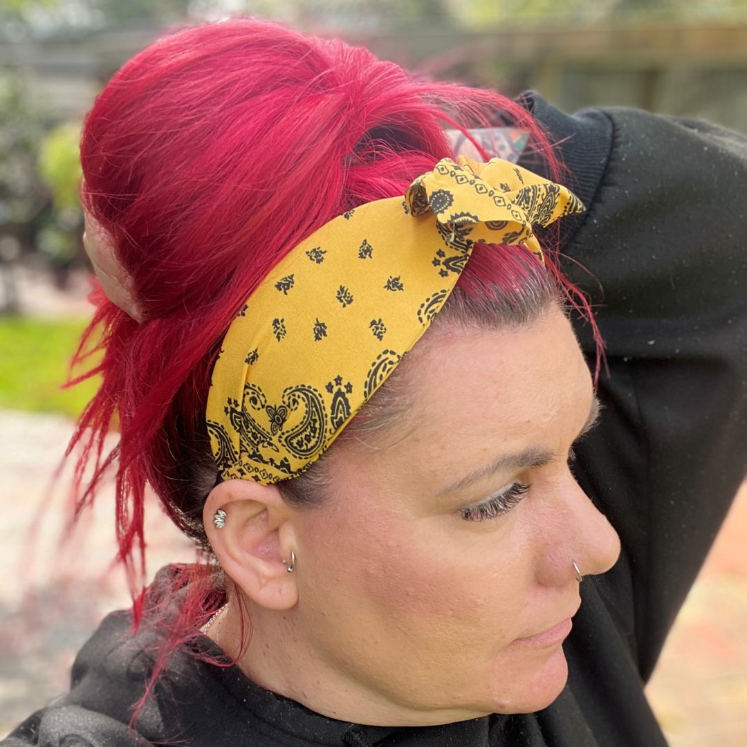 Yellow Paisley Print Headband with removable Bow