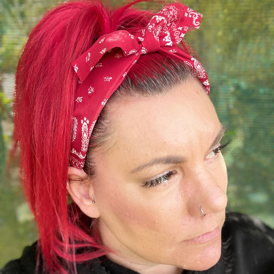 Red Paisley Print Headband with removable Bow