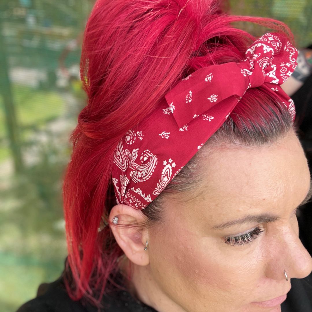 Red Paisley Print Headband with removable Bow