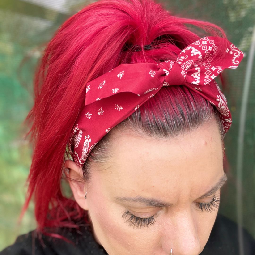 Red Paisley Print Headband with removable Bow