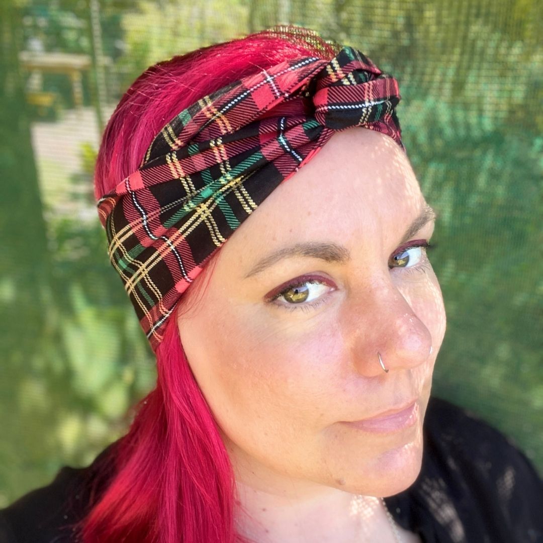 Christmas tartan boho wire headwrap adjustable and handmade in Melbourne