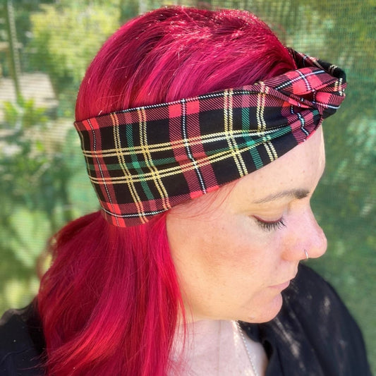 Christmas tartan boho wire headwrap adjustable and handmade in Melbourne