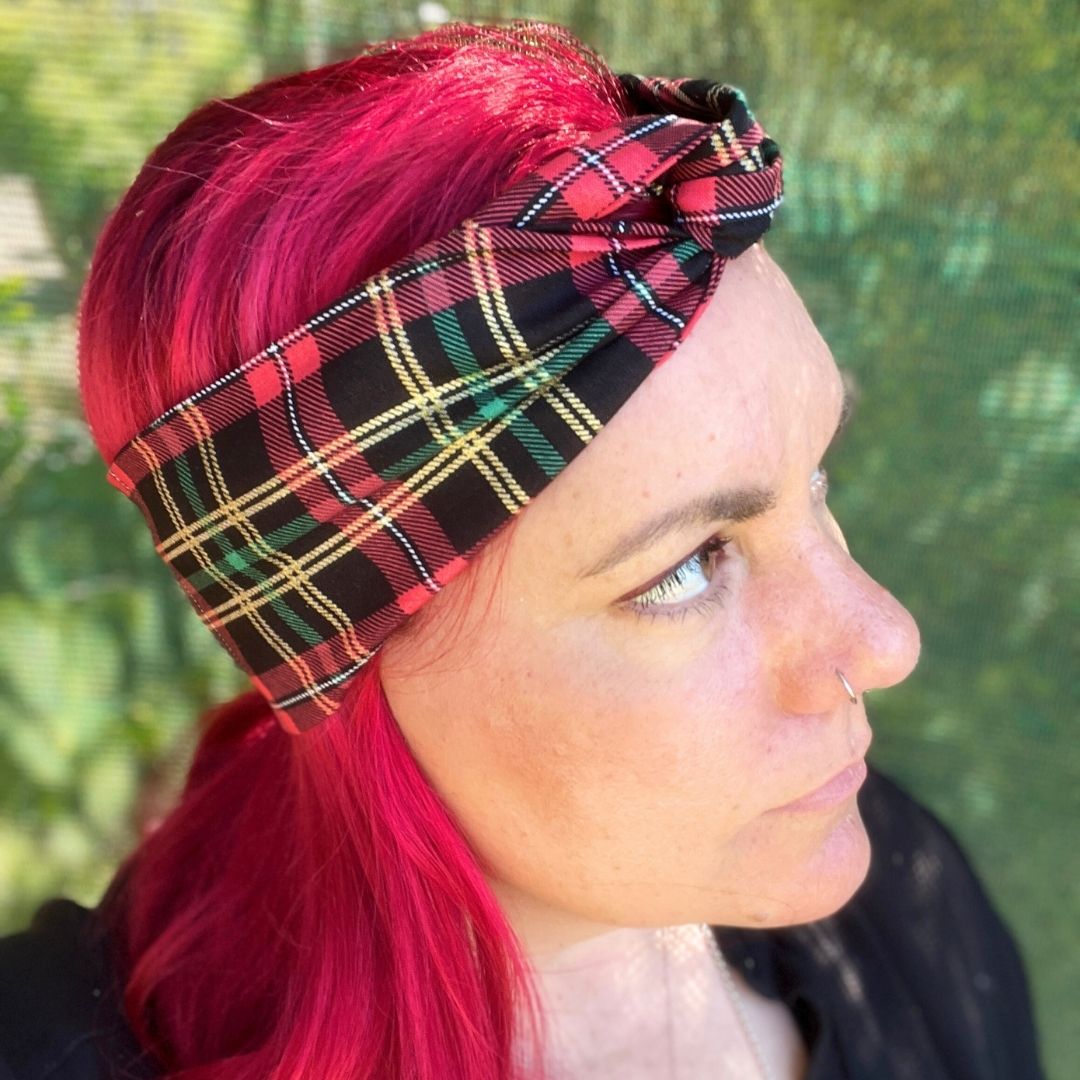 Christmas tartan boho wire headwrap adjustable and handmade in Melbourne