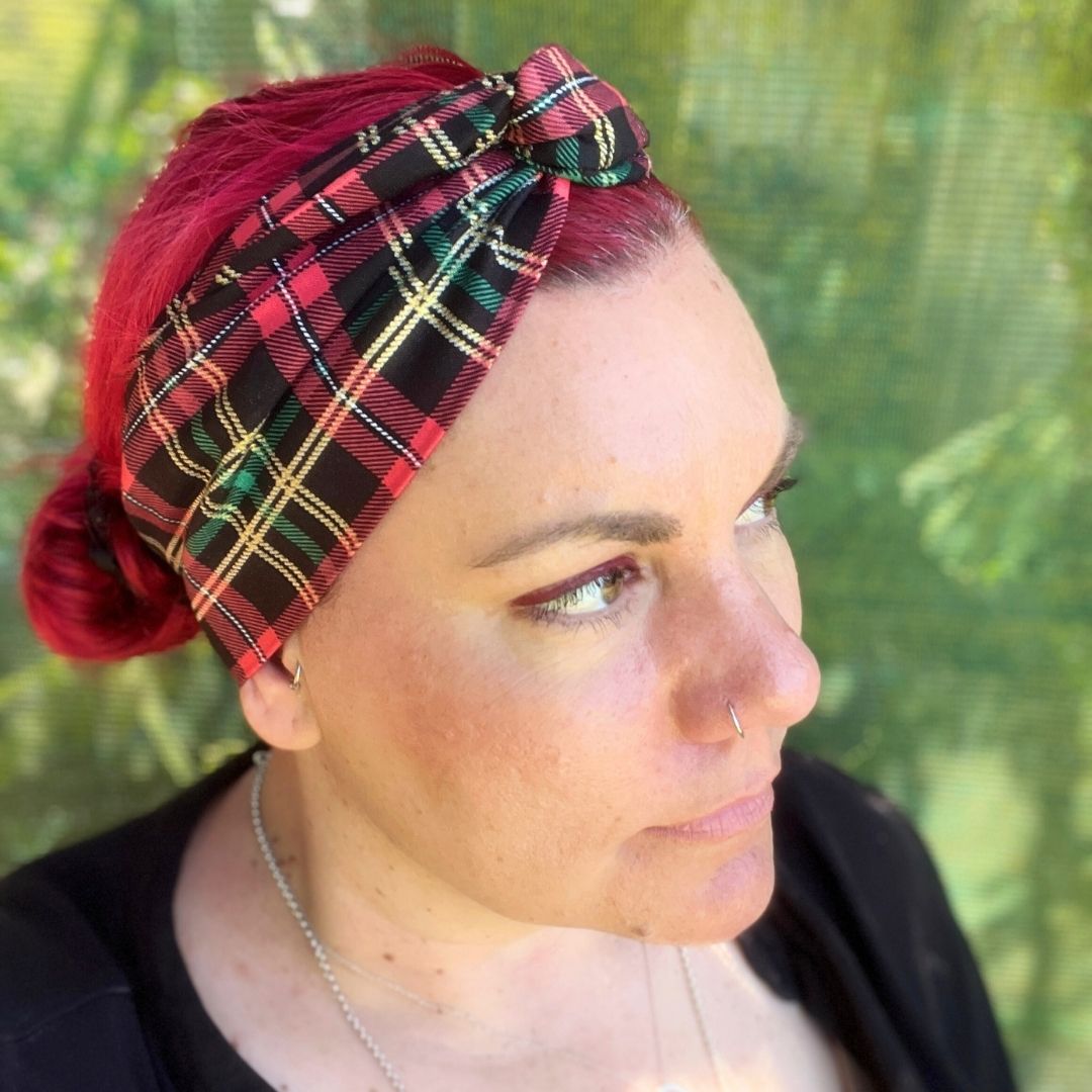 Christmas tartan boho wire headwrap adjustable and handmade in Melbourne