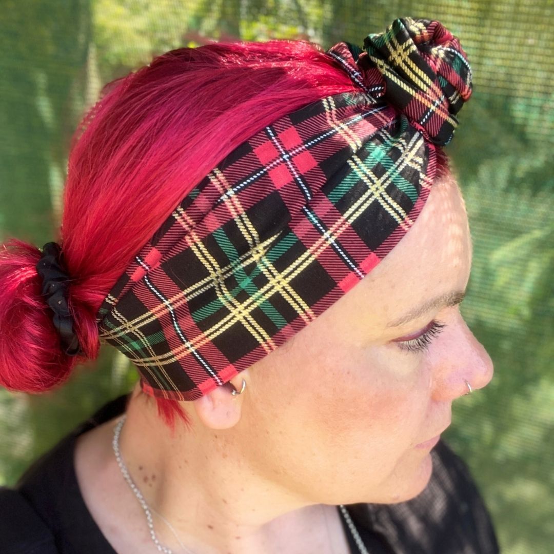 Christmas tartan boho wire headwrap adjustable and handmade in Melbourne