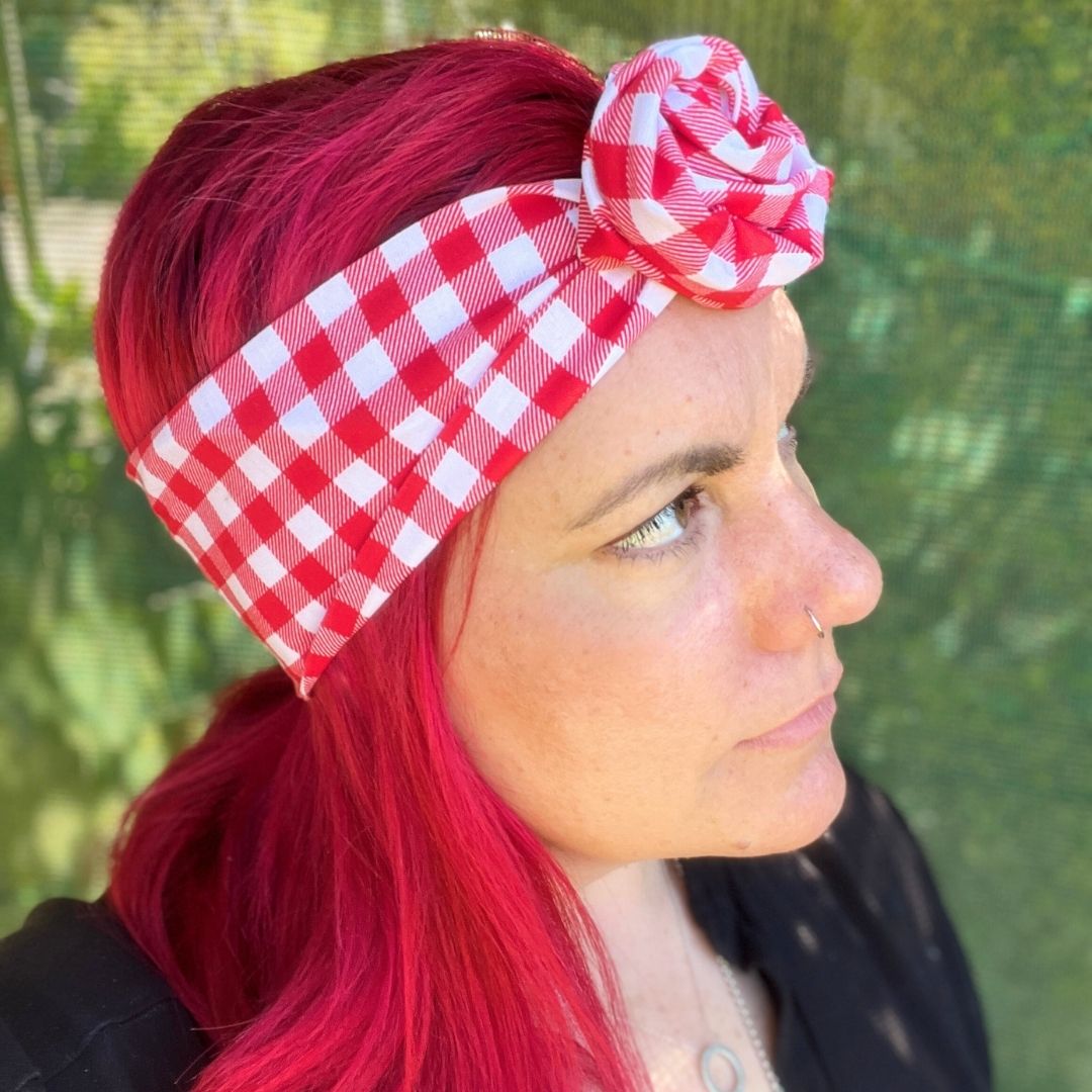 Red & White Check wire headband, handmade in Melbourne and 100% adjustable