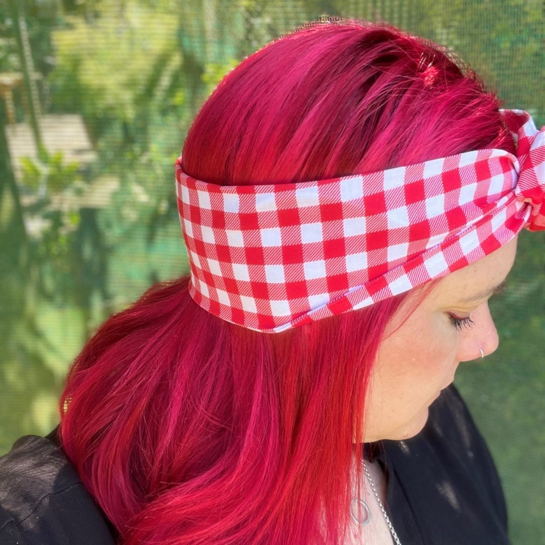 Red & White Check wire headband, handmade in Melbourne and 100% adjustable