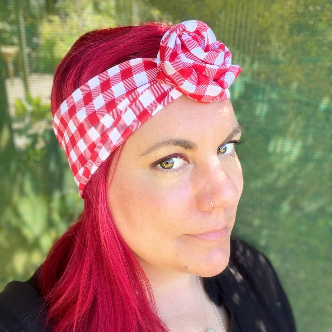 Red & White Check wire headband, handmade in Melbourne and 100% adjustable