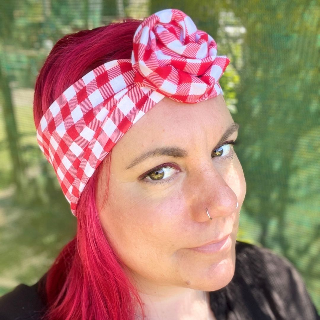 Red & White Check wire headband, handmade in Melbourne and 100% adjustable