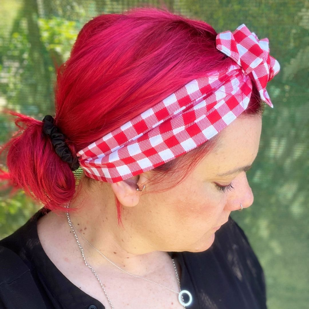 Red & White Check wire headband, handmade in Melbourne and 100% adjustable