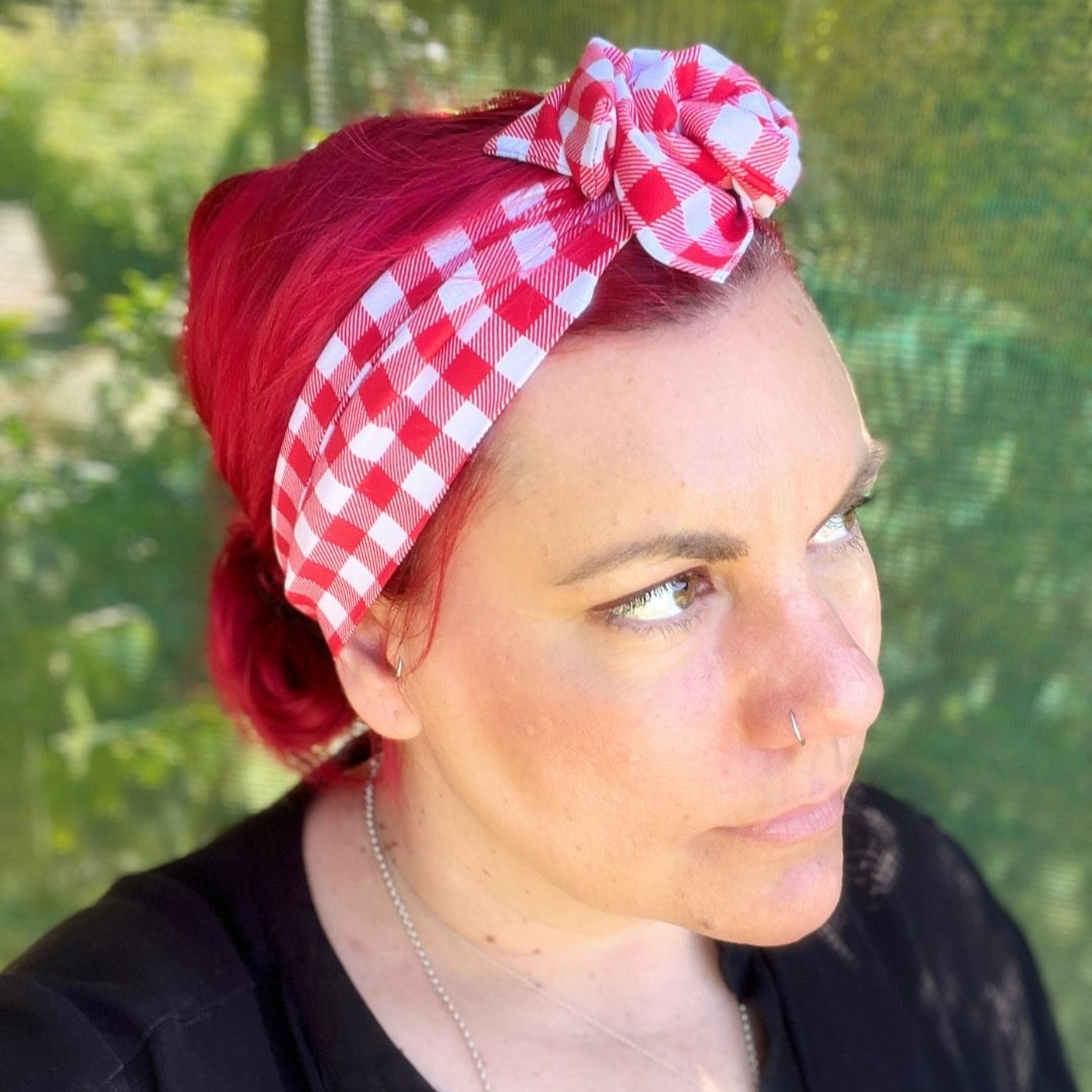 Red & White Check wire headband, handmade in Melbourne and 100% adjustable