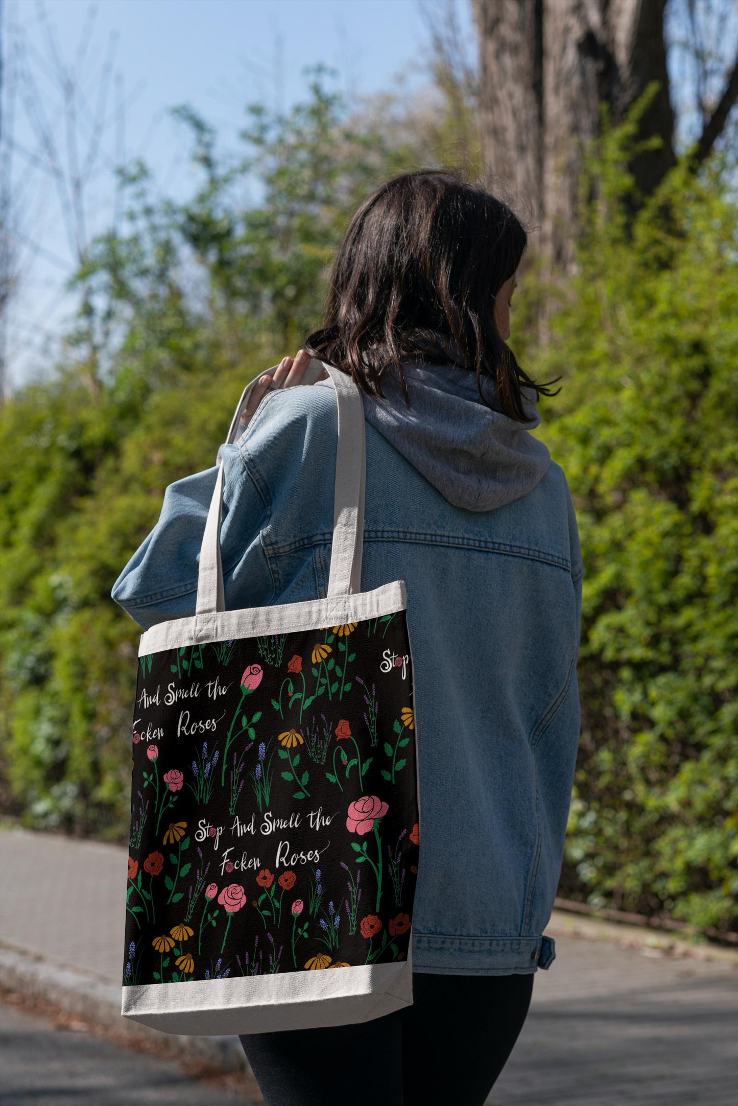 Stop and smell the fu**ing roses on black Fabric